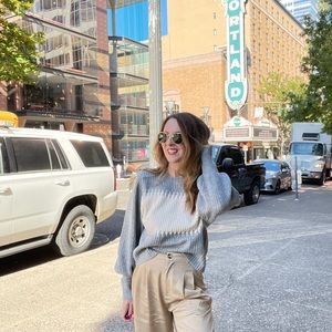 New grey and cream Ribbed Sweater with balloon sleeves